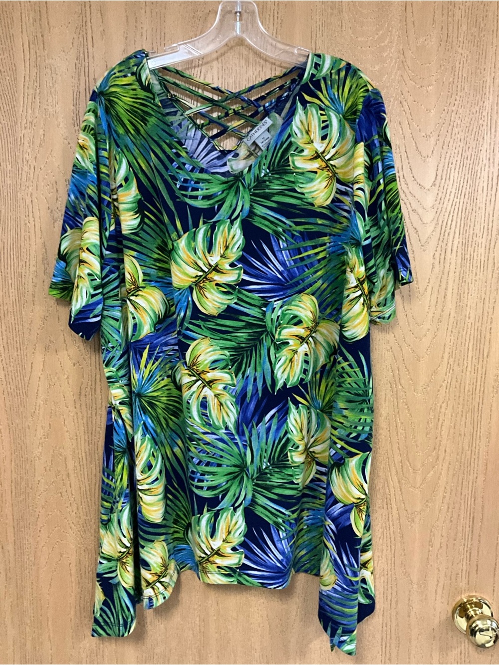 Catherines Navy Tunic with Green & Yellow Tropical Print